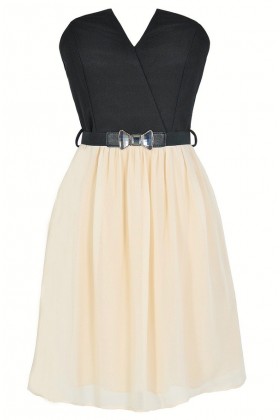 Tulip Garden Strapless Belted Dress in Black/Ivory